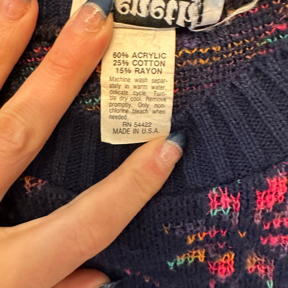 Vintage 90’s Keneth Too! Navy and Multicolor Patterned Knit Sweater Vest Small - Picture 3 of 6
